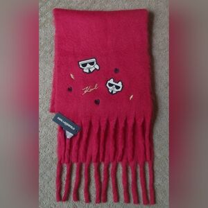 Karl Lagerfeld Scarf Red Fringe Embroidered Patch New NWT!